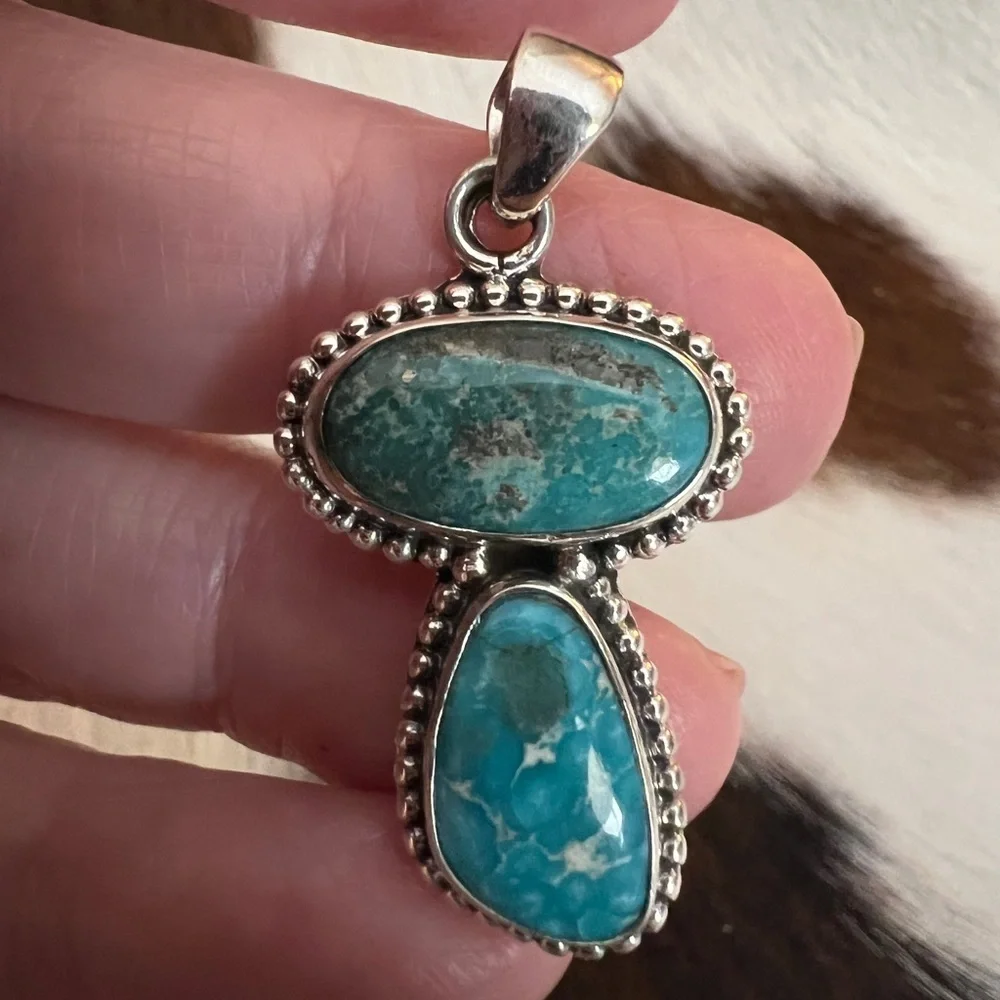 ❤️ White Water Turquoise Sterling Navajo Style 2 Stone Pendant 1.54”L - 5.8 Gram